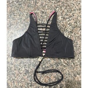 Victorias Secret PINK Bikini Top Black Neon Pink Strappy Cage High Neck Medium‎